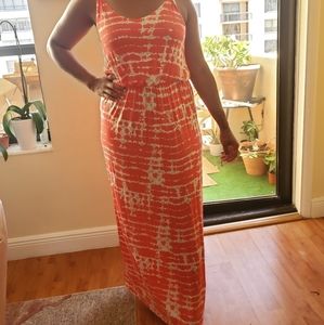 Long coral, creme and taupe tie dye print maxi dress